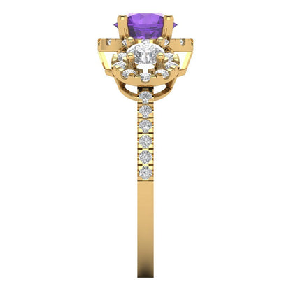 1.46 cttw Natural Amethyst Three-Stone Engagement Ring - Solid Yellow Gold (VVS1, Round Cut,6.0mm)