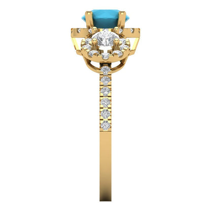 1.46 cttw Simulated Turquoise Three-Stone Engagement Ring - Solid Yellow Gold (VVS1, Round Cut,6.0mm)