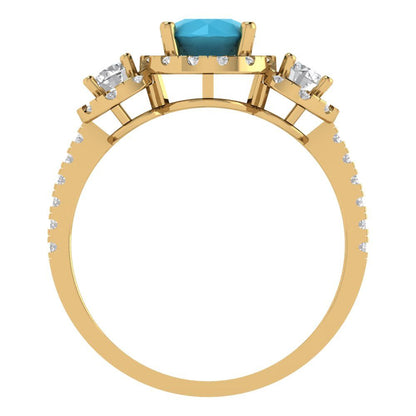 1.46 cttw Simulated Turquoise Three-Stone Engagement Ring - Solid Yellow Gold (VVS1, Round Cut,6.0mm)