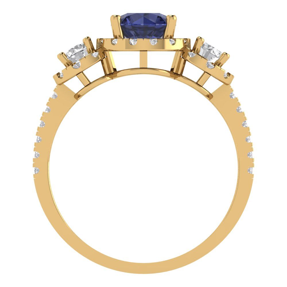 1.46 cttw Simulated Blue Sapphire Three-Stone Engagement Ring - Solid Yellow Gold (VVS1, Round Cut,6.0mm)