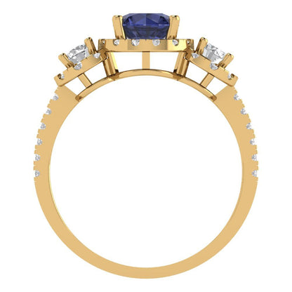 1.46 cttw Simulated Blue Sapphire Three-Stone Engagement Ring - Solid Yellow Gold (VVS1, Round Cut,6.0mm)