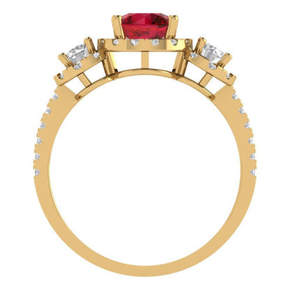 1.46 cttw Simulated Pink Tourmaline Three-Stone Engagement Ring - Solid Yellow Gold (VVS1, Round Cut,6.0mm)