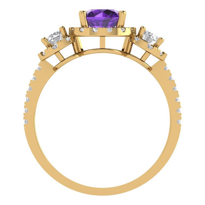 1.46 cttw Natural Amethyst Three-Stone Engagement Ring - Solid Yellow Gold (VVS1, Round Cut,6.0mm)