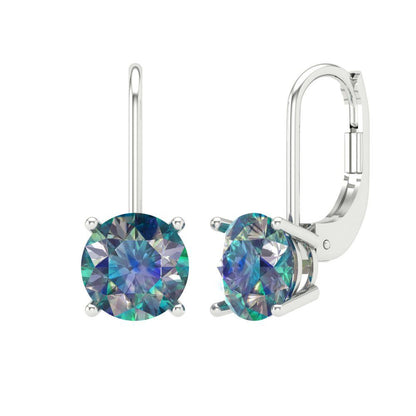 4 ctw Blue Moissanite Drop Dangle Earrings | 8.0mm Round Cut White Gold Lever Back | April Birthstone