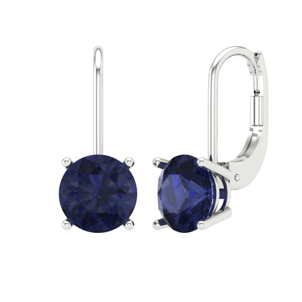 4 ctw Blue Sapphire Drop Dangle Earrings | 8.0mm Round Cut White Gold Lever Back | September Birthstone