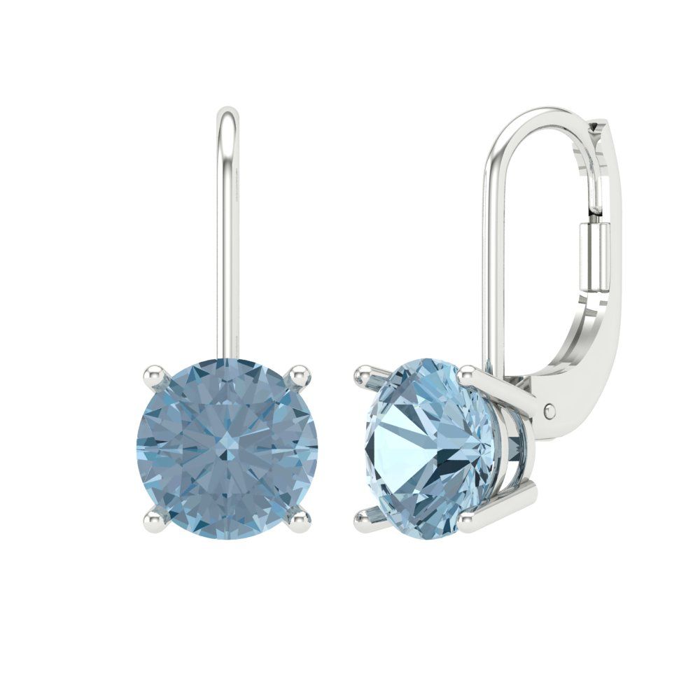 4 ctw Aquamarine Drop Dangle Earrings | 8.0mm Round Cut White Gold Lever Back | March Birthstone