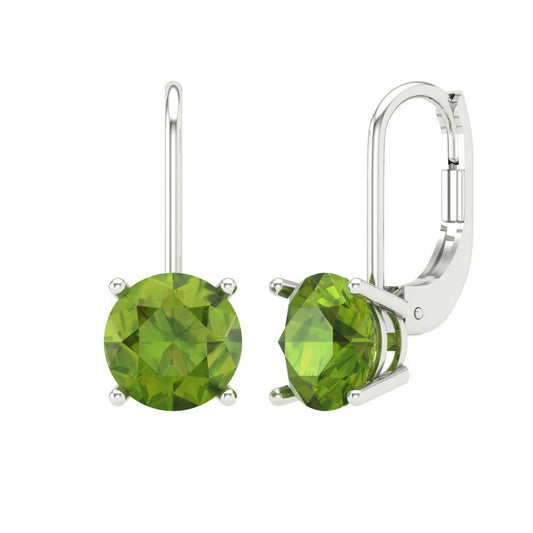 4 ctw Peridot Drop Dangle Earrings | 8.0mm Round Cut White Gold Lever Back | August Birthstone
