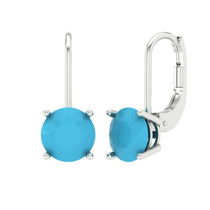4 ctw Turquoise Drop Dangle Earrings | 8.0mm Round Cut White Gold Lever Back | December Birthstone