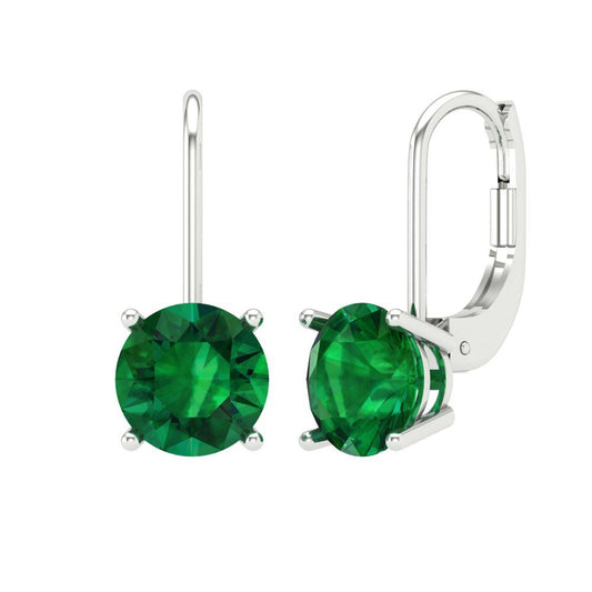 4 ctw Emerald Drop Dangle Earrings | 8.0mm Round Cut White Gold Lever Back | May Birthstone