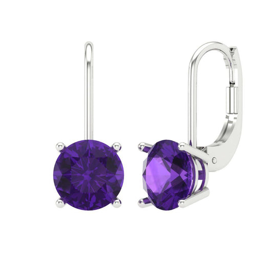 4 ctw Amethyst Drop Dangle Earrings | 8.0mm Round Cut White Gold Lever Back | February Birthstone