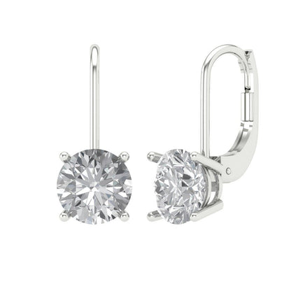 4 ctw White Sapphire Drop Dangle Earrings | 8.0mm Round Cut White Gold Lever Back | April Birthstone