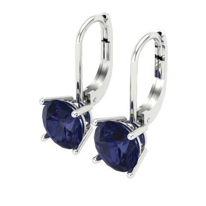 4 ctw Blue Sapphire Drop Dangle Earrings | 8.0mm Round Cut White Gold Lever Back | September Birthstone