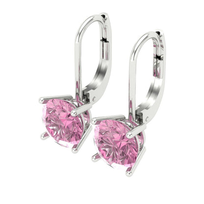 4 ctw Pink Zirconia Drop Dangle Earrings | 8.0mm Round Cut White Gold Lever Back | April Birthstone