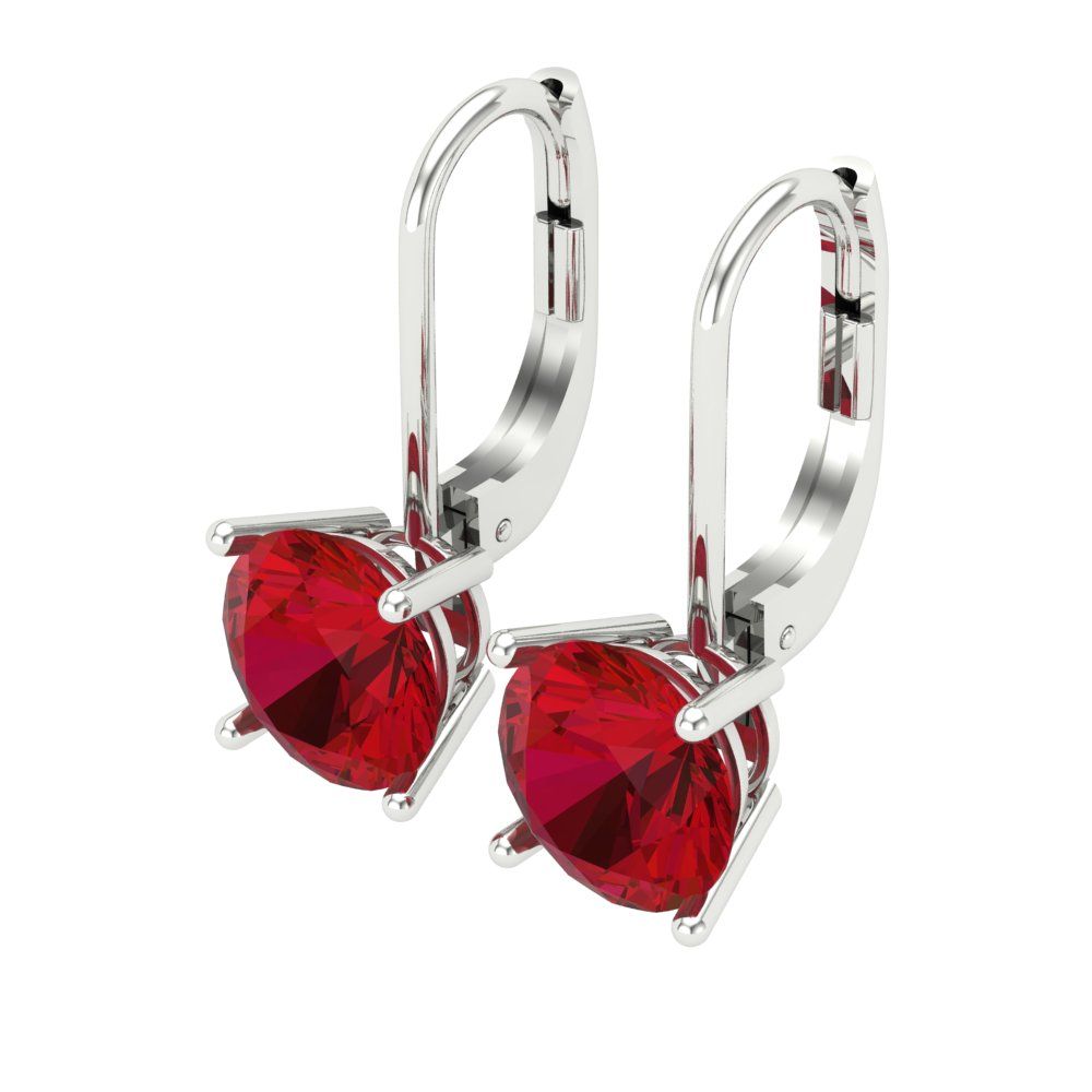 4 ctw Ruby Drop Dangle Earrings | 8.0mm Round Cut White Gold Lever Back | July Birthstone