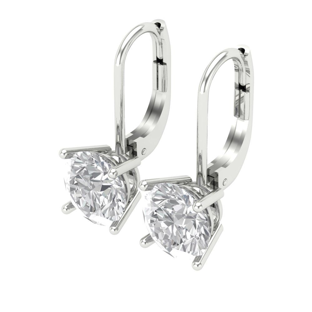 4 ctw White Sapphire Drop Dangle Earrings | 8.0mm Round Cut White Gold Lever Back | April Birthstone