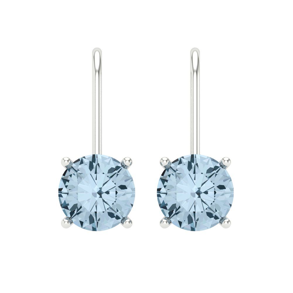 4 ctw Aquamarine Drop Dangle Earrings | 8.0mm Round Cut White Gold Lever Back | March Birthstone