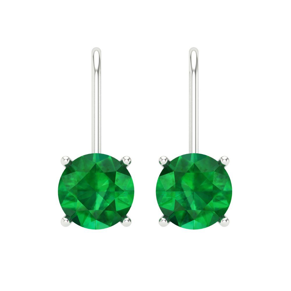 4 ctw Emerald Drop Dangle Earrings | 8.0mm Round Cut White Gold Lever Back | May Birthstone
