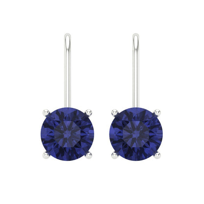 4 ctw Tanzanite Drop Dangle Earrings | 8.0mm Round Cut White Gold Lever Back | December Birthstone