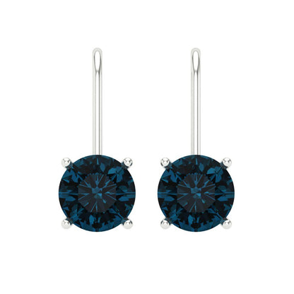 4 ctw London Blue Topaz Drop Dangle Earrings | 8.0mm Round Cut White Gold Lever Back | December Birthstone