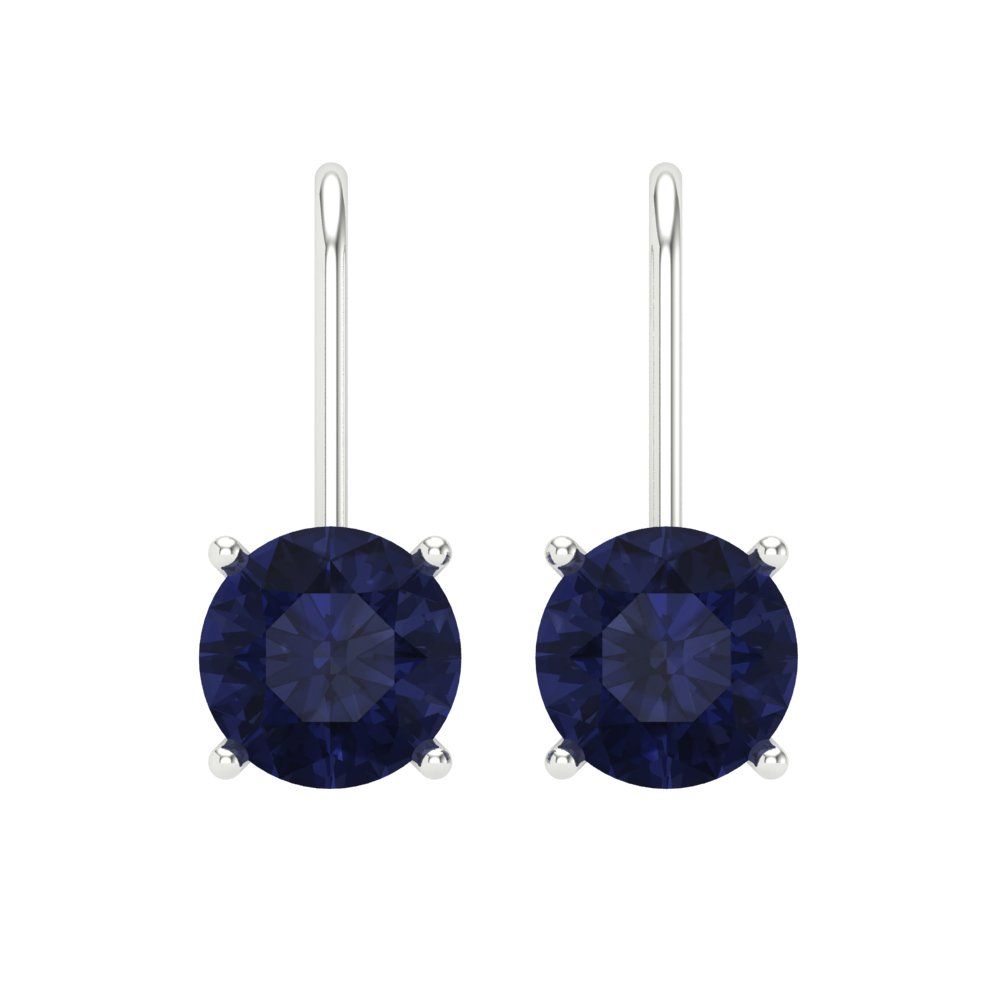 4 ctw Blue Sapphire Drop Dangle Earrings | 8.0mm Round Cut White Gold Lever Back | September Birthstone