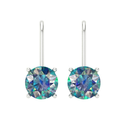 4 ctw Blue Moissanite Drop Dangle Earrings | 8.0mm Round Cut White Gold Lever Back | April Birthstone