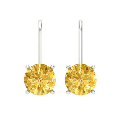 4 ctw Yellow Zirconia Drop Dangle Earrings | 8.0mm Round Cut White Gold Lever Back | April Birthstone