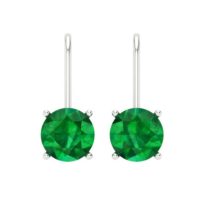4 ctw Emerald Drop Dangle Earrings | 8.0mm Round Cut White Gold Lever Back | May Birthstone
