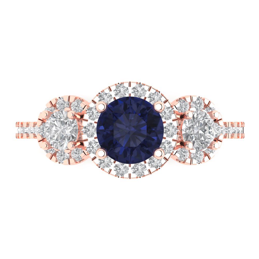 1.46 cttw Simulated Blue Sapphire Three-Stone Engagement Ring - Solid Rose Gold (VVS1, Round Cut,6.0mm)