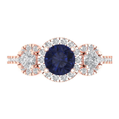 1.46 cttw Simulated Blue Sapphire Three-Stone Engagement Ring - Solid Rose Gold (VVS1, Round Cut,6.0mm)