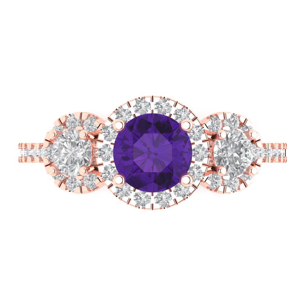 1.46 cttw Natural Amethyst Three-Stone Engagement Ring - Solid Rose Gold (VVS1, Round Cut,6.0mm)