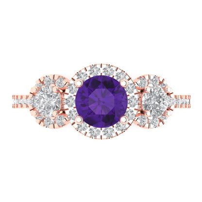1.46 cttw Natural Amethyst Three-Stone Engagement Ring - Solid Rose Gold (VVS1, Round Cut,6.0mm)