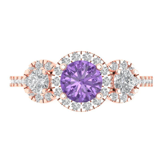 1.46 cttw Simulated Alexandrite Three-Stone Engagement Ring - Solid Rose Gold (VVS1, Round Cut,6.0mm)