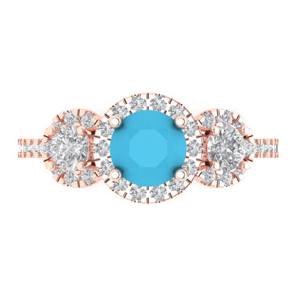 1.46 cttw Simulated Turquoise Three-Stone Engagement Ring - Solid Gold (Round Cut,6.0mm)