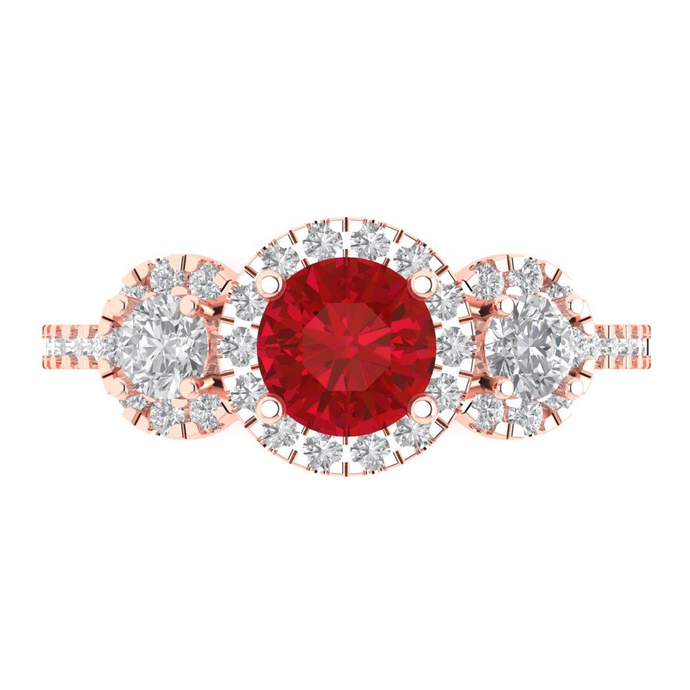 1.46 cttw Simulated Ruby Three-Stone Engagement Ring - Solid Rose Gold (VVS1, Round Cut,6.0mm)