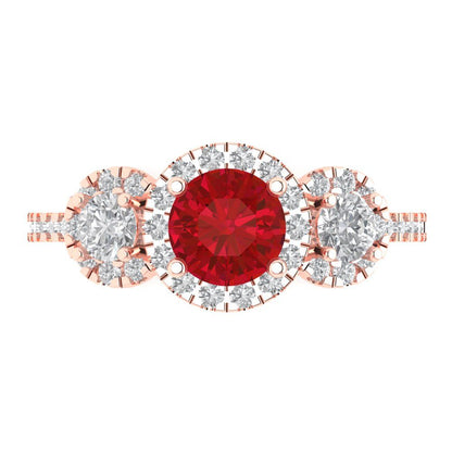1.46 cttw Simulated Ruby Three-Stone Engagement Ring - Solid Rose Gold (VVS1, Round Cut,6.0mm)