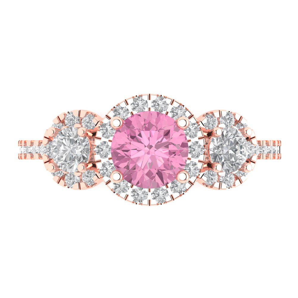 1.46 cttw Zirconia Simulated Pink Diamond Three-Stone Engagement Ring - Solid Gold (VVS1, Round Cut,6.0mm)