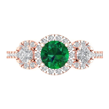 1.46 cttw Simulated Emerald Three-Stone Engagement Ring - Solid Gold (Round Cut,6.0mm)