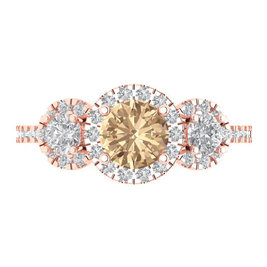 1.46 cttw Yellow Moissanite Three-Stone Engagement Ring - Solid Rose Gold (VVS1, Round Cut,6.0mm)