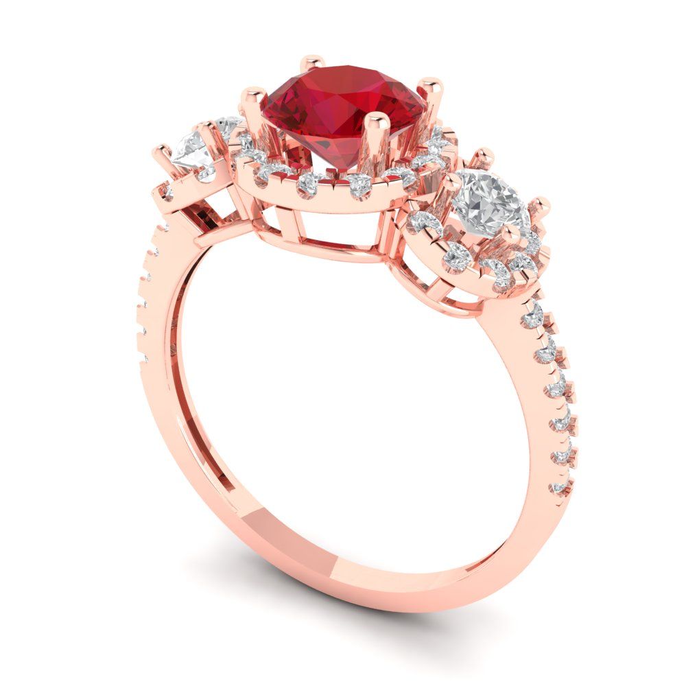 1.46 cttw Simulated Ruby Three-Stone Engagement Ring - Solid Rose Gold (VVS1, Round Cut,6.0mm)