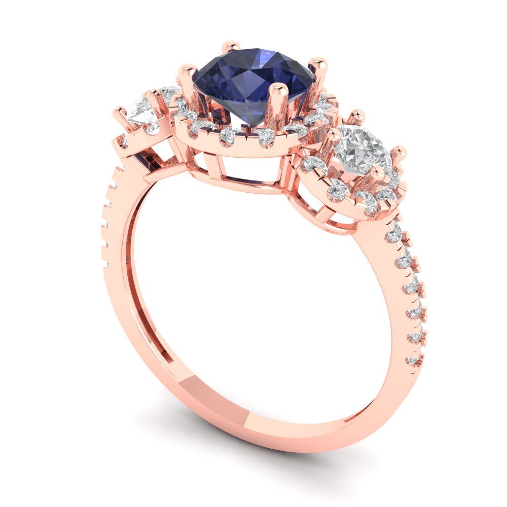 1.46 cttw Simulated Blue Sapphire Three-Stone Engagement Ring - Solid Rose Gold (VVS1, Round Cut,6.0mm)