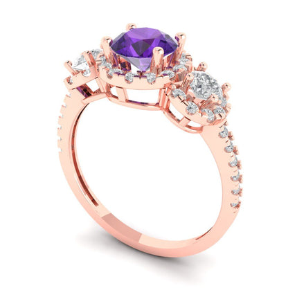 1.46 cttw Natural Amethyst Three-Stone Engagement Ring - Solid Rose Gold (VVS1, Round Cut,6.0mm)
