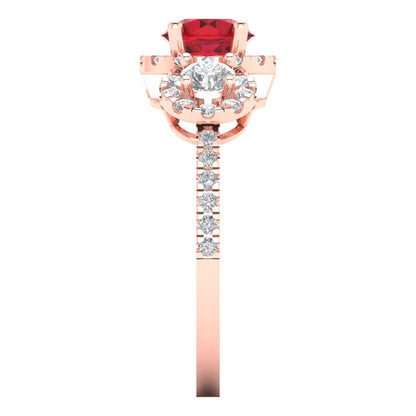 1.46 cttw Simulated Ruby Three-Stone Engagement Ring - Solid Rose Gold (VVS1, Round Cut,6.0mm)