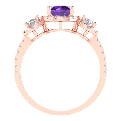 1.46 cttw Natural Amethyst Three-Stone Engagement Ring - Solid Rose Gold (VVS1, Round Cut,6.0mm)