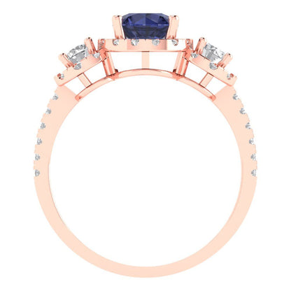 1.46 cttw Simulated Blue Sapphire Three-Stone Engagement Ring - Solid Rose Gold (VVS1, Round Cut,6.0mm)