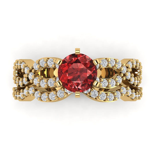 1.57 cttw Round Cut Natural Garnet Bridal Set - Solid Yellow Gold  Engagement Ring & Wedding Band