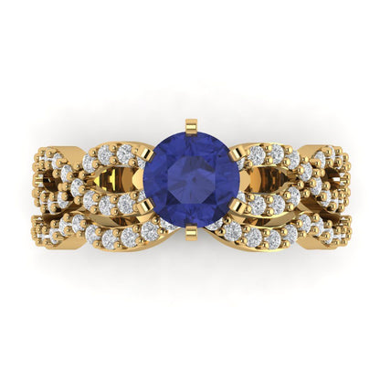 1.57 cttw Round Cut Simulated Tanzanite Bridal Set - Solid Yellow Gold  Engagement Ring & Wedding Band