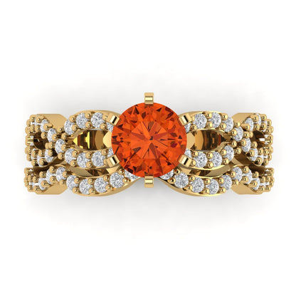 1.57 cttw Round Cut Simulated Red Diamond Bridal Set - Solid Yellow Gold  Engagement Ring & Wedding Band