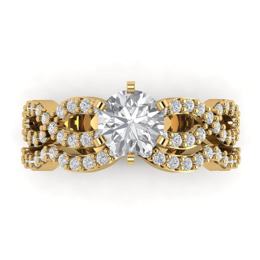 1.57 cttw Round Cut Moissanite Bridal Set - Solid Yellow Gold  Engagement Ring & Wedding Band