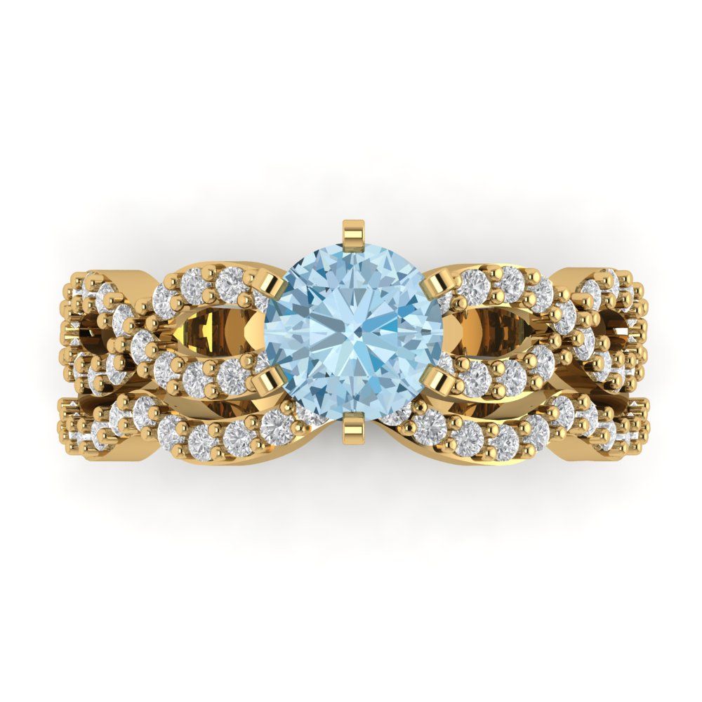 1.57 cttw Round Cut Natural Swiss Blue Topaz Bridal Set - Solid Yellow Gold  Engagement Ring & Wedding Band