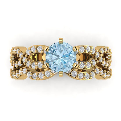 1.57 cttw Round Cut Natural Swiss Blue Topaz Bridal Set - Solid Yellow Gold  Engagement Ring & Wedding Band